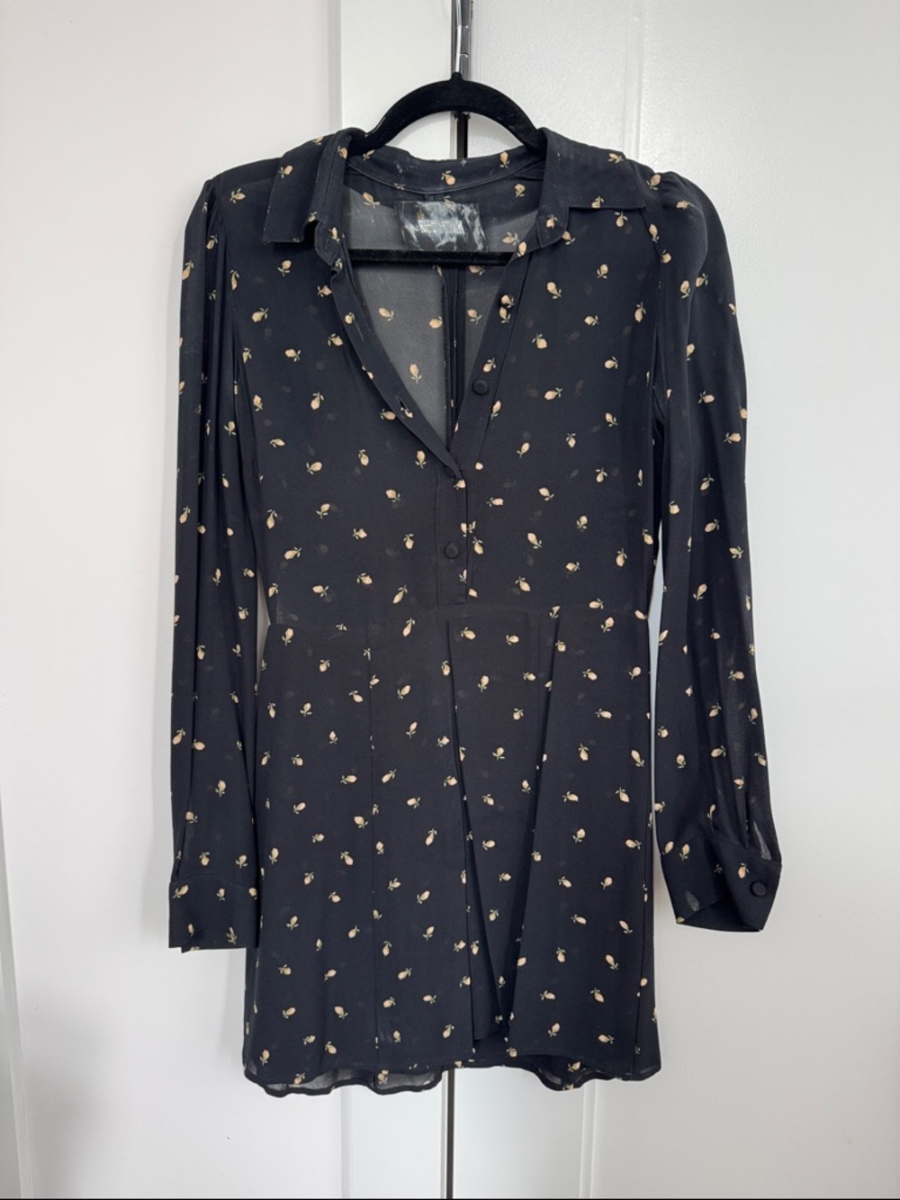 Reformation Black Long-Sleeve Mini Dress with Cream Floral Print